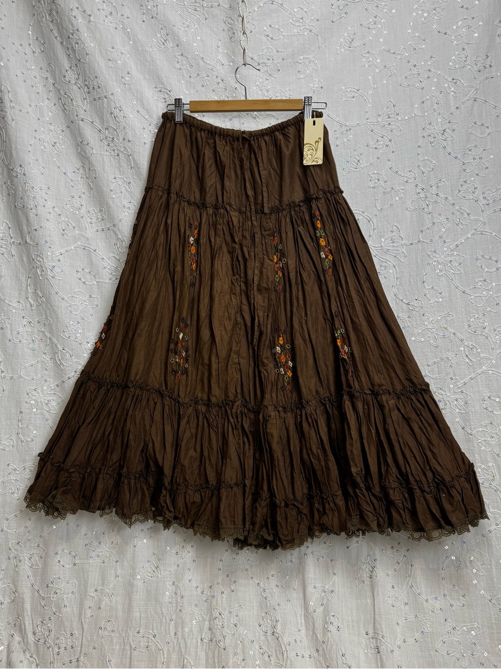 Costa Blanca Brown Cotton Tiered Maxi Skirt Embroidered Beaded Size L NWT